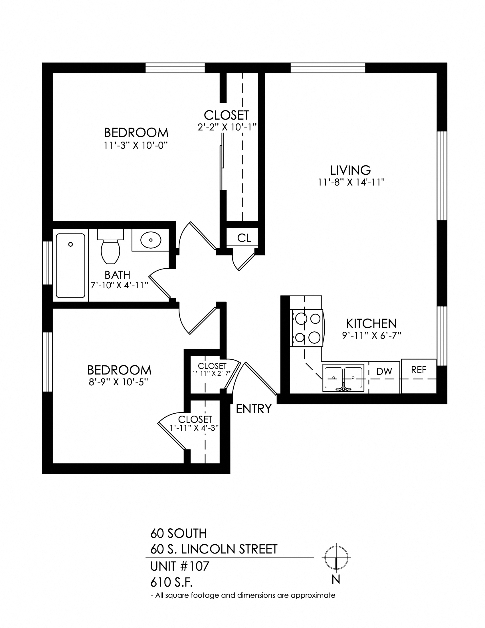 Floor plan for 2 beds, 1 bath, 630 sqft